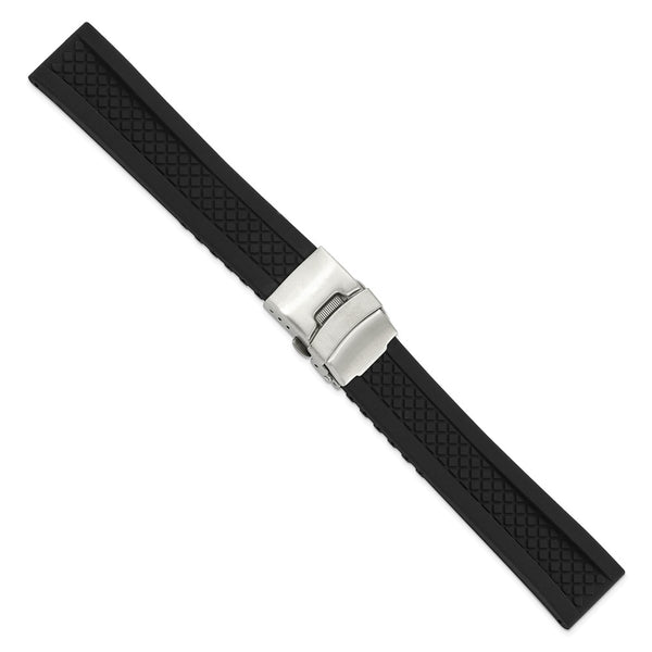 DeBeer 20mm Diver's Style Black Lattice Design Silicone Rubber with Brushed Stainless Steel Deployment Buckle 7.25 inch Watch Band