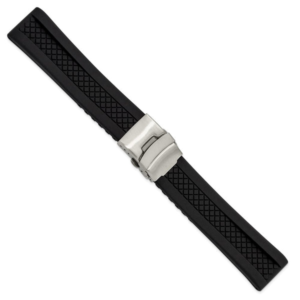 DeBeer 22mm Diver's Style Black Lattice Design Silicone Rubber with Brushed Stainless Steel Deployment Buckle 7.25 inch Watch Band