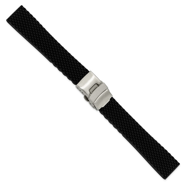 DeBeer 18mm Black Textured Silicone Rubber with Brushed Stainless Steel Deployment Buckle 7.5 inch Watch Band