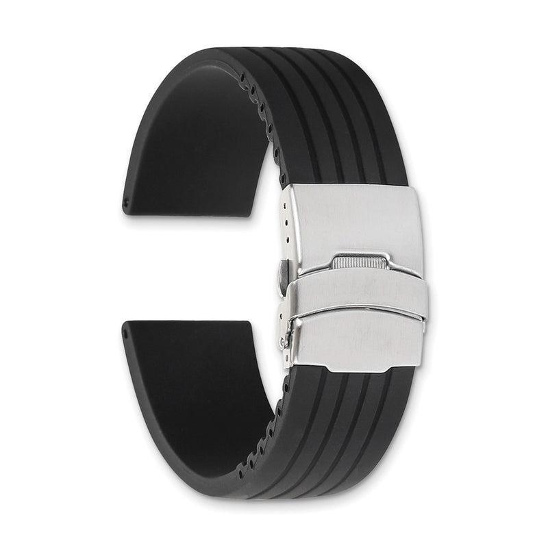 DeBeer 20mm Oris Style Black Striped Silicone Rubber with Brushed Stainless Steel Deployment Buckle 7.25 inch Watch Band