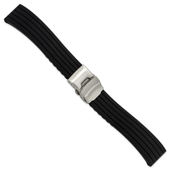 DeBeer 20mm Oris Style Black Striped Silicone Rubber with Brushed Stainless Steel Deployment Buckle 7.25 inch Watch Band