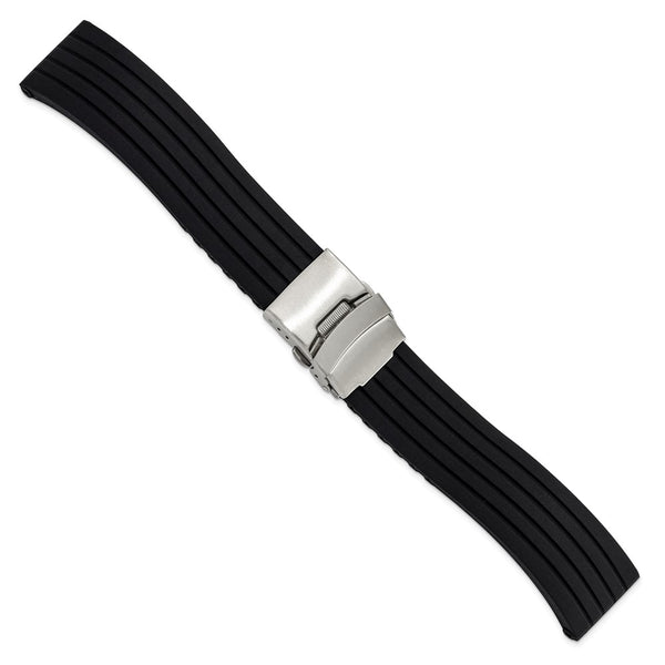 22mm Black Striped Silicone Stainless Steel Deployment Buckle Watch Band