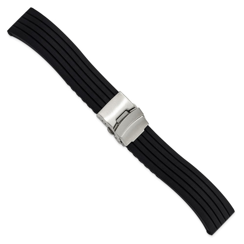 DeBeer 22mm Oris Style Black Striped Silicone Rubber with Brushed Stainless Steel Deployment Buckle 7.25 inch Watch Band