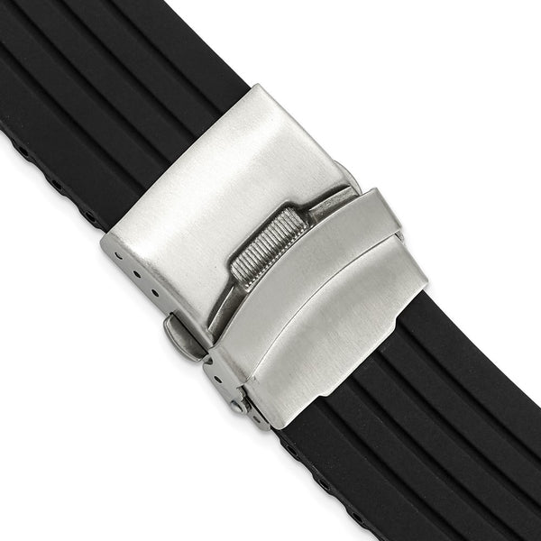 24mm Black Striped Silicone Stainless Steel Deployment Buckle Watch Band