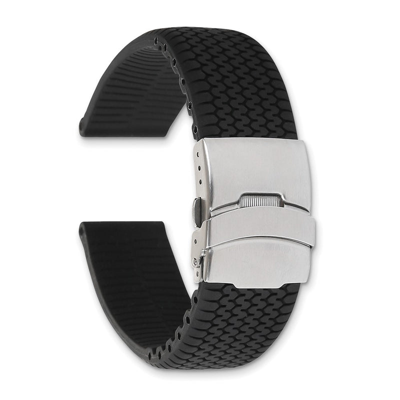 DeBeer 24mm Black Tread Design Silicone Rubber with Brushed Stainless Steel Deployment Buckle 7.25 inch Watch Band
