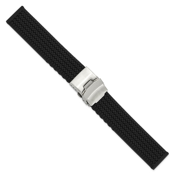 20mm Black Tread Design Silicone Stainless Steel Deploy Buckle Watch Band