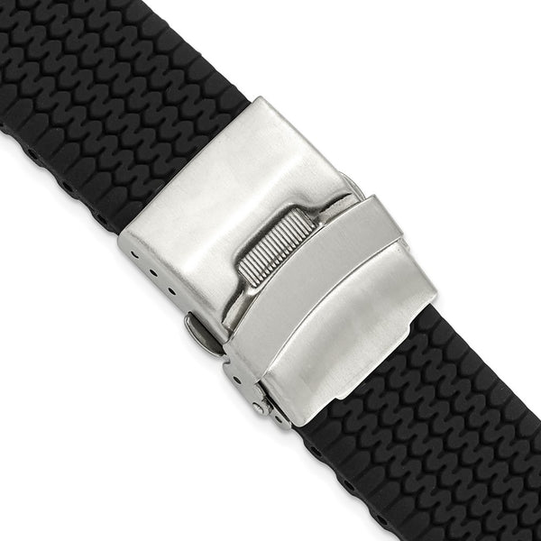 20mm Black Tread Design Silicone Stainless Steel Deploy Buckle Watch Band