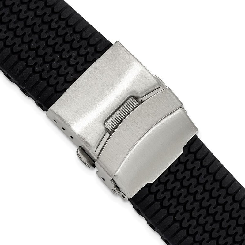 22mm Black Tread Design Silicone Stainless Steel Deploy Buckle Watch Band