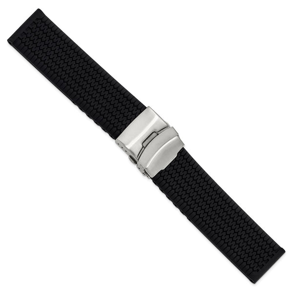 DeBeer 24mm Black Tread Design Silicone Rubber with Brushed Stainless Steel Deployment Buckle 7.25 inch Watch Band