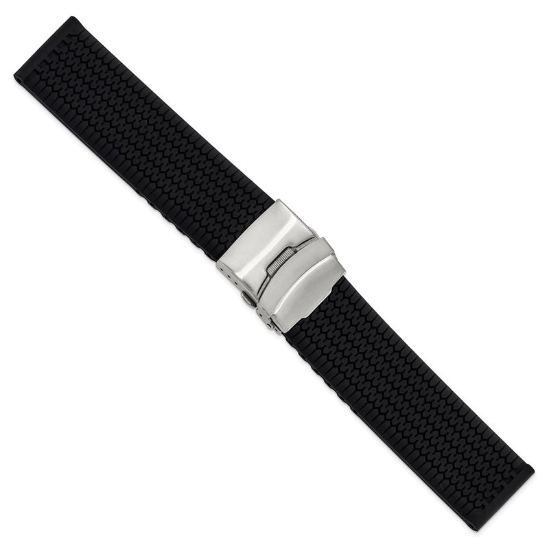 DeBeer 24mm Black Tread Design Silicone Rubber with Brushed Stainless Steel Deployment Buckle 7.25 inch Watch Band