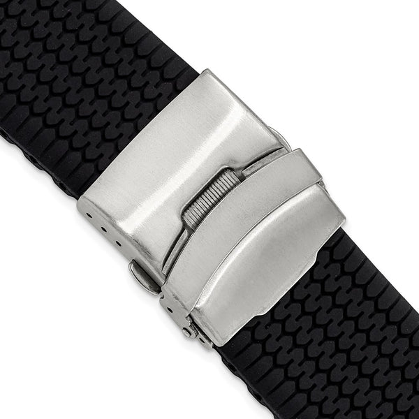 24mm Black Tread Design Silicone Stainless Steel Deploy Buckle Watch Band