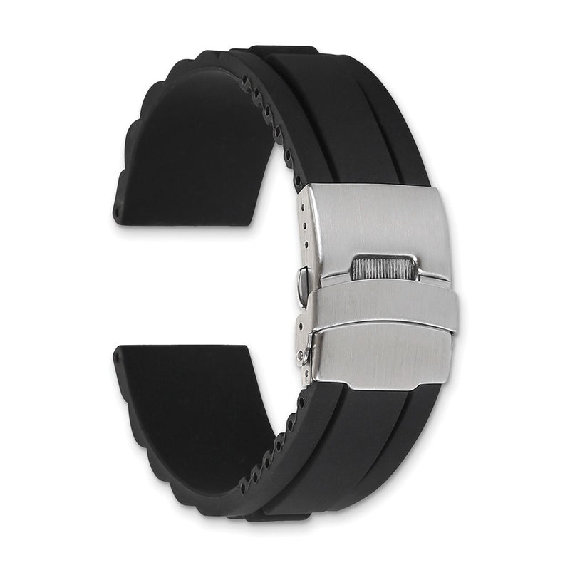 22mm Black Link Design Silicone Stainless Steel Deploy Buckle Watch Band