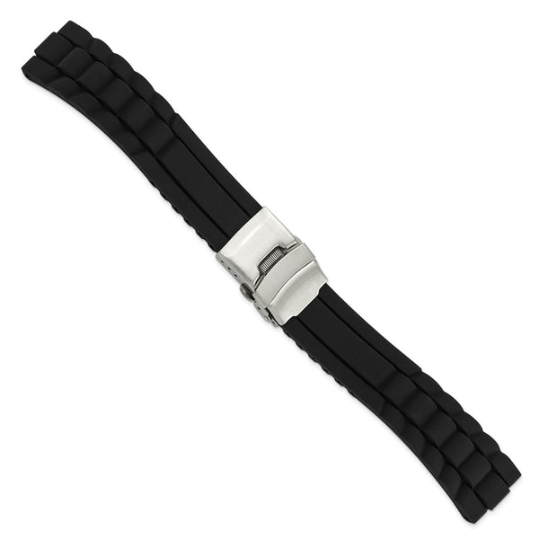 DeBeer 20mm Oyster Style Black Link Design Silicone Rubber with Brushed Stainless Steel Deployment Buckle 7.5 inch Watch Band