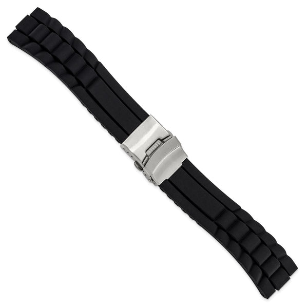 DeBeer 22mm Oyster Style Black Link Design Silicone Rubber with Brushed Stainless Steel Deployment Buckle 7.5 inch Watch Band