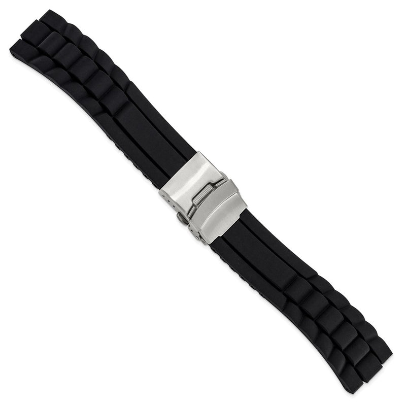 DeBeer 22mm Oyster Style Black Link Design Silicone Rubber with Brushed Stainless Steel Deployment Buckle 7.5 inch Watch Band