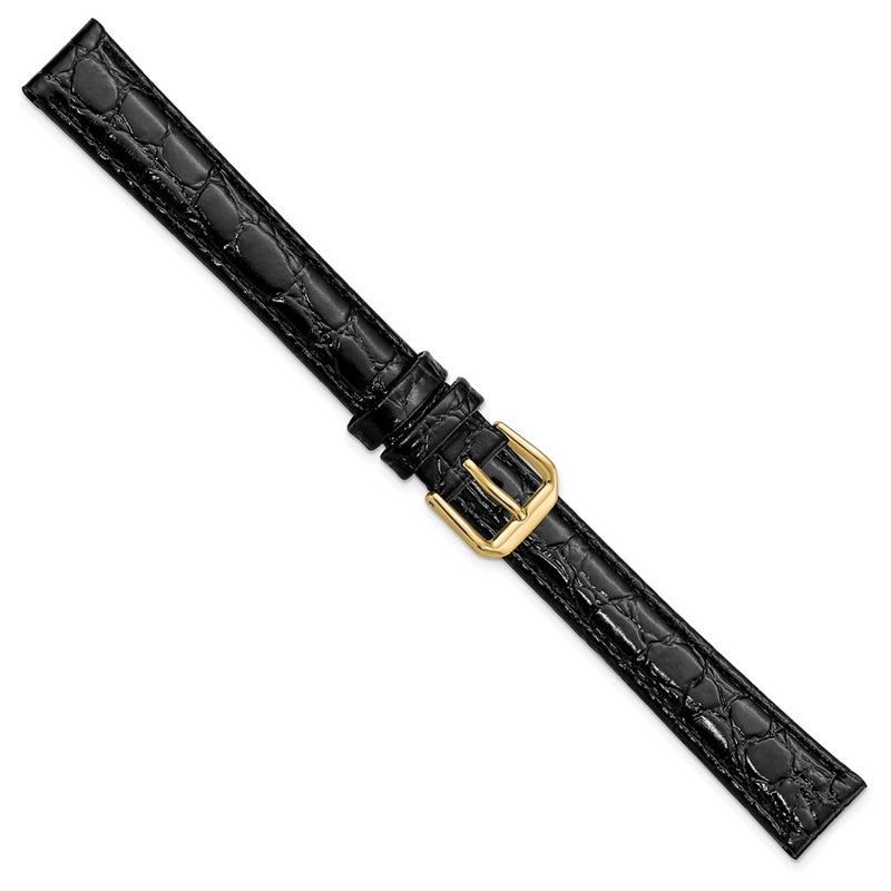DeBeer 16mm Extra Long Black Alligator Grain Leather with Gold-tone Buckle 9.5 inch Watch Band