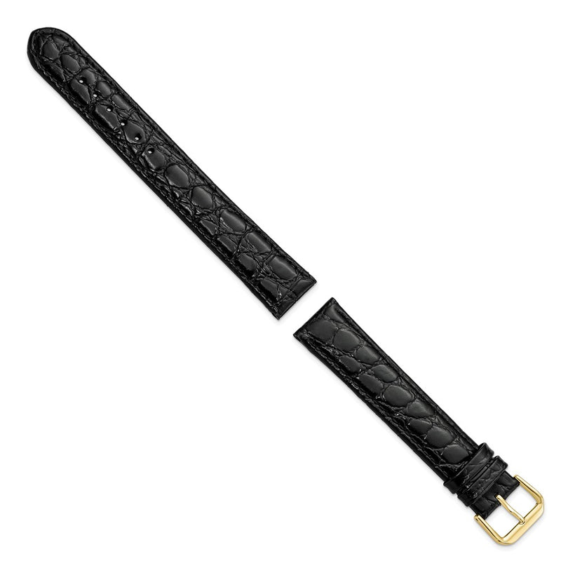 DeBeer 19mm Extra Long Black Alligator Grain Leather with Gold-tone Buckle 9.5 inch Watch Band