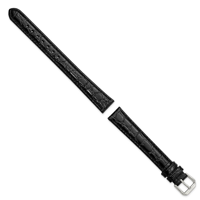 16mm Extra Long Black Alligator Grain Silver-tone Buckle Watch Band