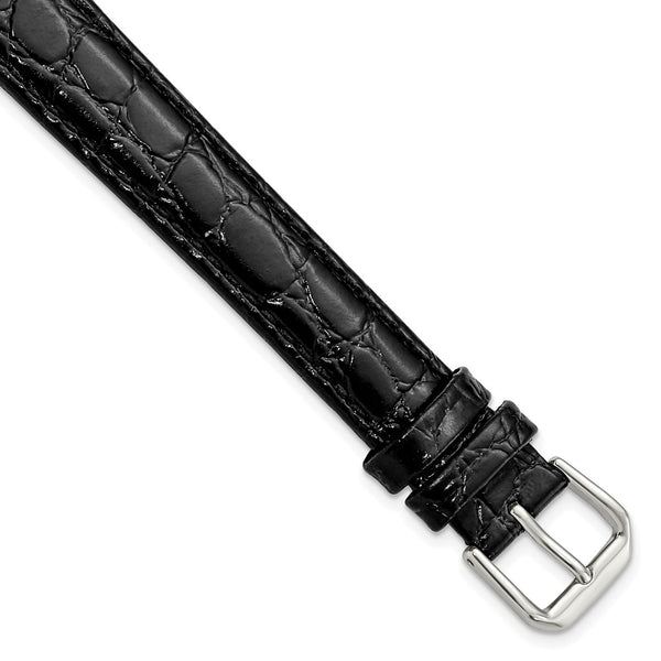 16mm Extra Long Black Alligator Grain Silver-tone Buckle Watch Band