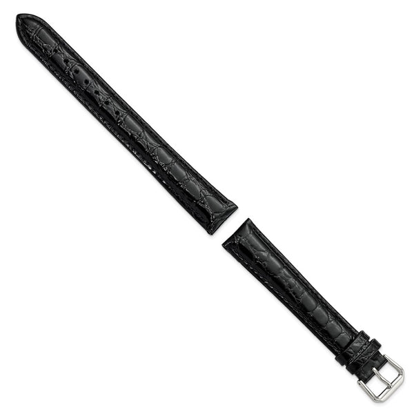 DeBeer 18mm Extra Long Black Alligator Grain Leather with Silver-tone Buckle 9.5 inch Watch Band