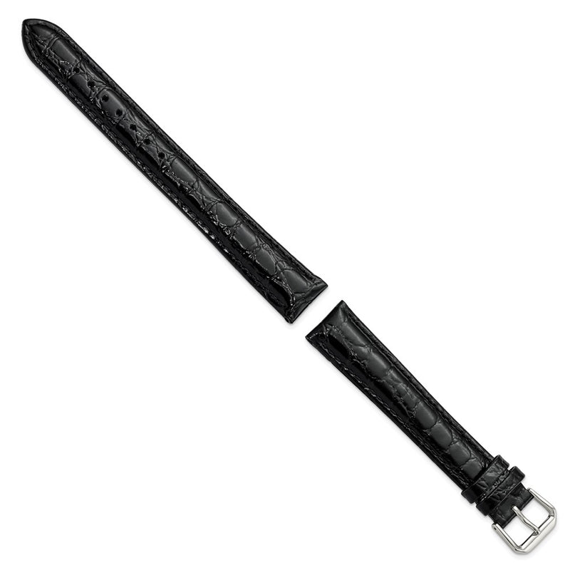 DeBeer 18mm Extra Long Black Alligator Grain Leather with Silver-tone Buckle 9.5 inch Watch Band