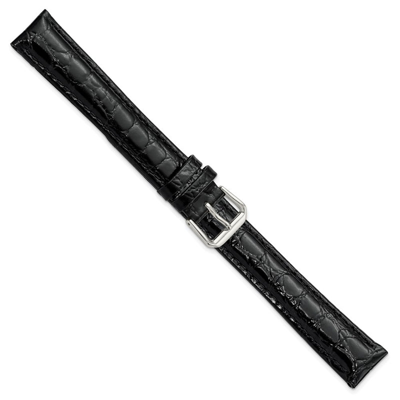 DeBeer 18mm Extra Long Black Alligator Grain Leather with Silver-tone Buckle 9.5 inch Watch Band