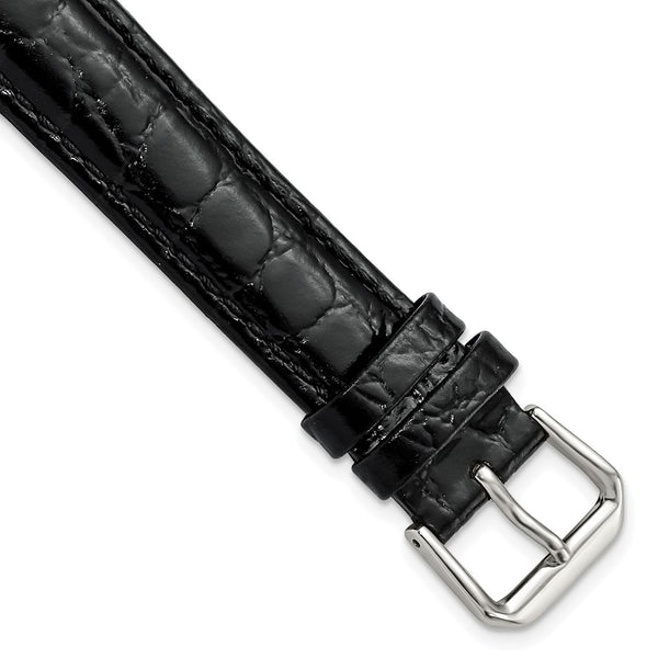 18mm Extra Long Black Alligator Grain Silver-tone Buckle Watch Band