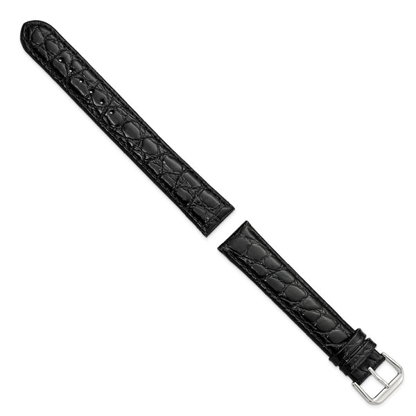 19mm Extra Long Black Alligator Grain Silver-tone Buckle Watch Band