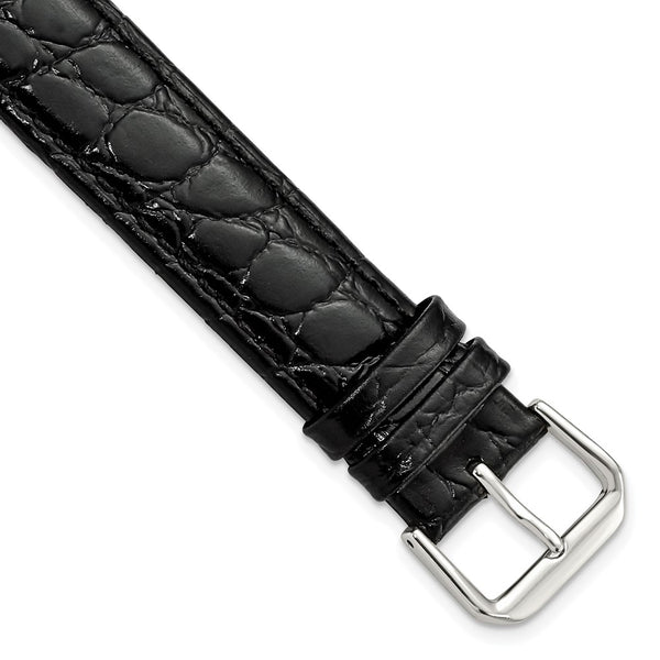 19mm Extra Long Black Alligator Grain Silver-tone Buckle Watch Band