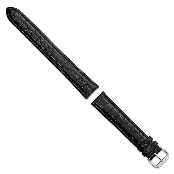 20mm Extra Long Black Alligator Grain Silver-tone Buckle Watch Band