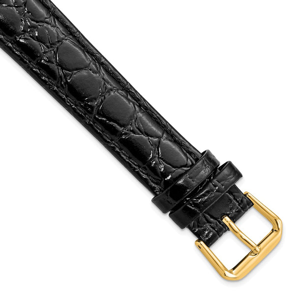 18mm Long Black Alligator Grain Leather Gold-tone Buckle Watch Band