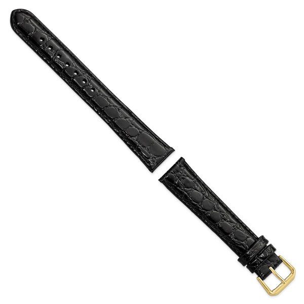 DeBeer 19mm Long Black Alligator Grain Leather with Gold-tone Buckle 8.5 inch Watch Band