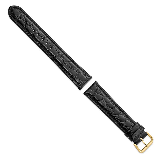 20mm Long Black Alligator Grain Leather Gold-tone Buckle Watch Band