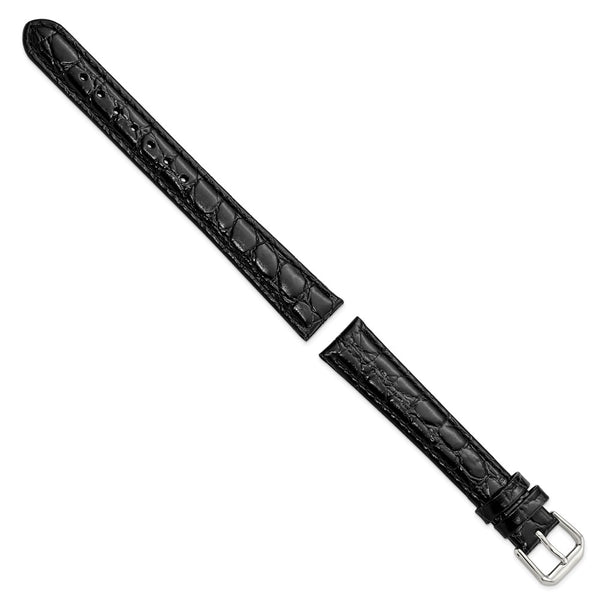 16mm Long Black Alligator Grain Leather Silver-tone Buckle Watch Band