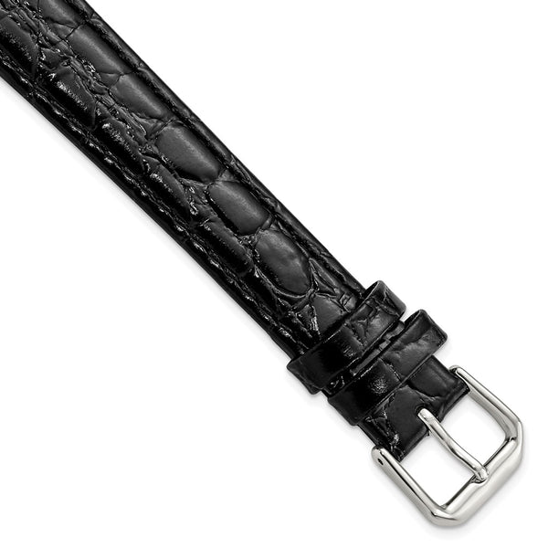 16mm Long Black Alligator Grain Leather Silver-tone Buckle Watch Band