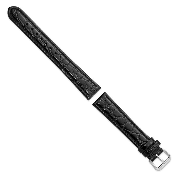 18mm Long Black Alligator Grain Leather Silver-tone Buckle Watch Band