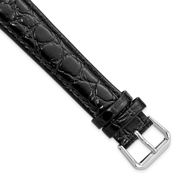 18mm Long Black Alligator Grain Leather Silver-tone Buckle Watch Band