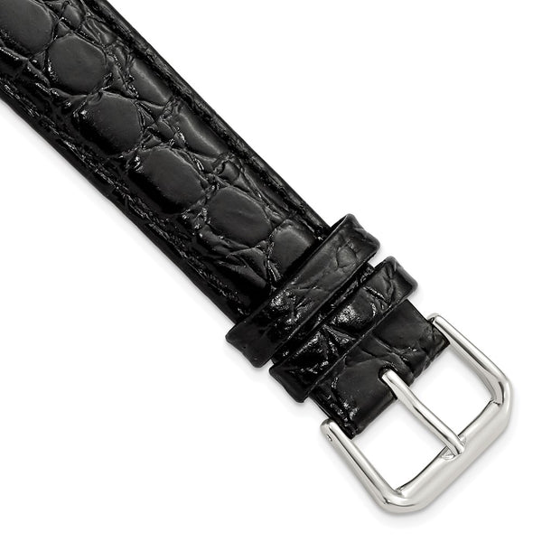 19mm Long Black Alligator Grain Leather Silver-tone Buckle Watch Band