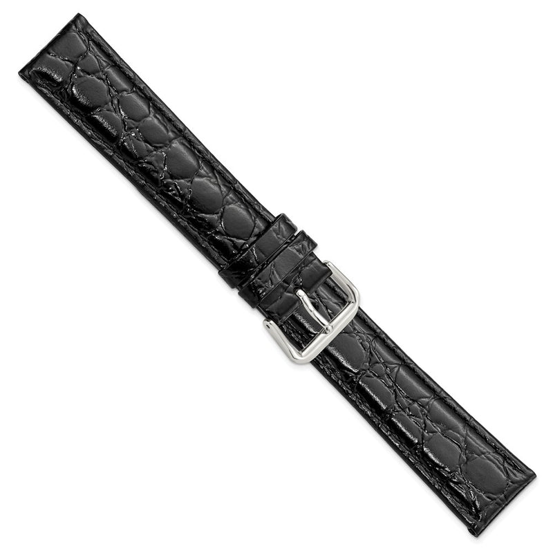 20mm Long Black Alligator Grain Leather Silver-tone Buckle Watch Band