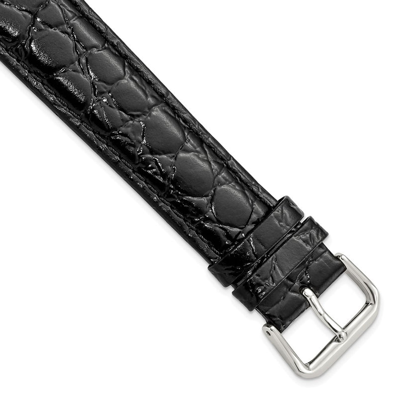 20mm Long Black Alligator Grain Leather Silver-tone Buckle Watch Band