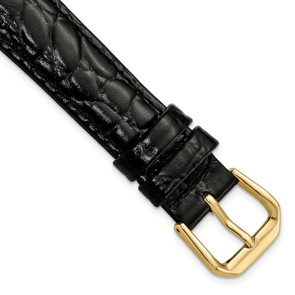 16mm Short Black Alligator Grain Leather Gold-tone Buckle Watch Band