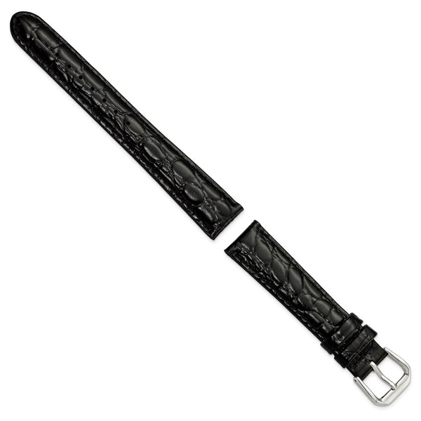 16mm Short Black Alligator Grain Leather Silver-tone Buckle Watch Band