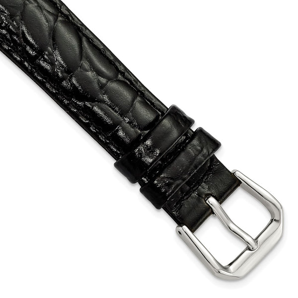 16mm Short Black Alligator Grain Leather Silver-tone Buckle Watch Band