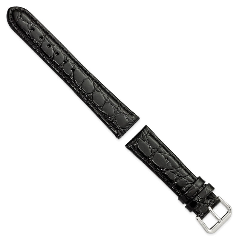 18mm Short Black Alligator Grain Leather Silver-tone Buckle Watch Band