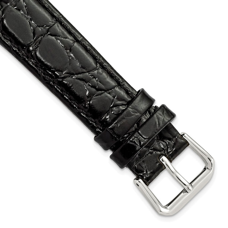 18mm Short Black Alligator Grain Leather Silver-tone Buckle Watch Band