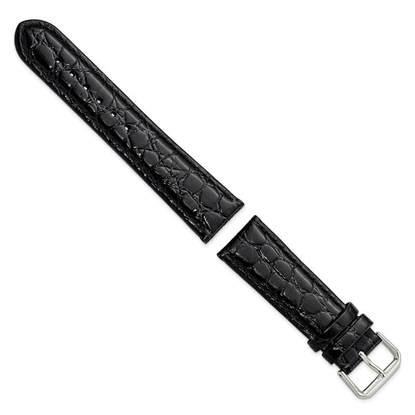 20mm Short Black Alligator Grain Leather Silver-tone Buckle Watch Band