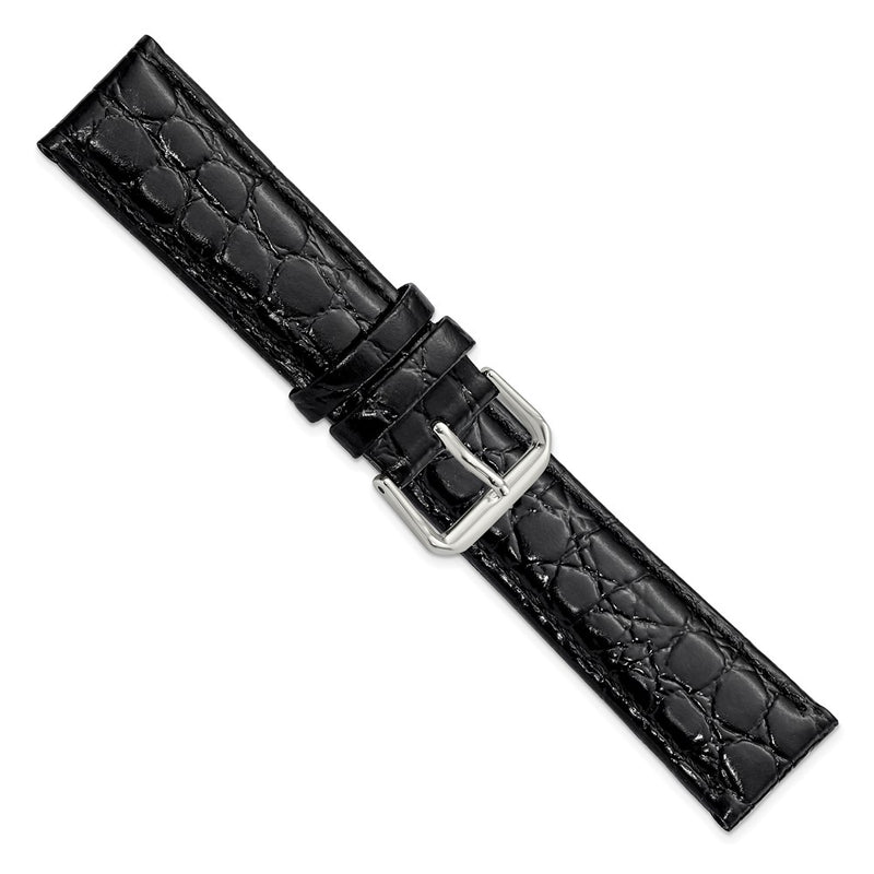 20mm Short Black Alligator Grain Leather Silver-tone Buckle Watch Band