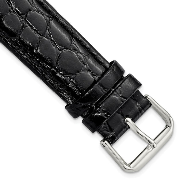 20mm Short Black Alligator Grain Leather Silver-tone Buckle Watch Band