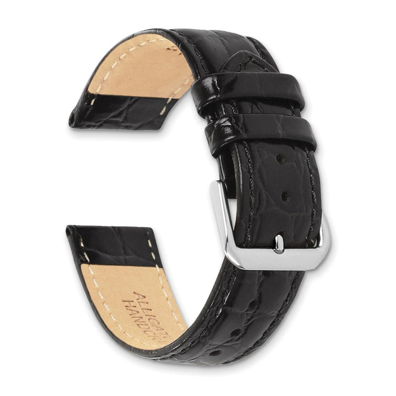 DeBeer 19mm Extra Long Black Alligator Grain Leather Silver-tone Buckle 9.5 inch Watch Band