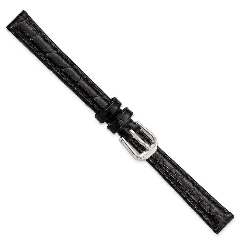 10mm Black Alligator Grain Leather Silver-tone Buckle Watch Band